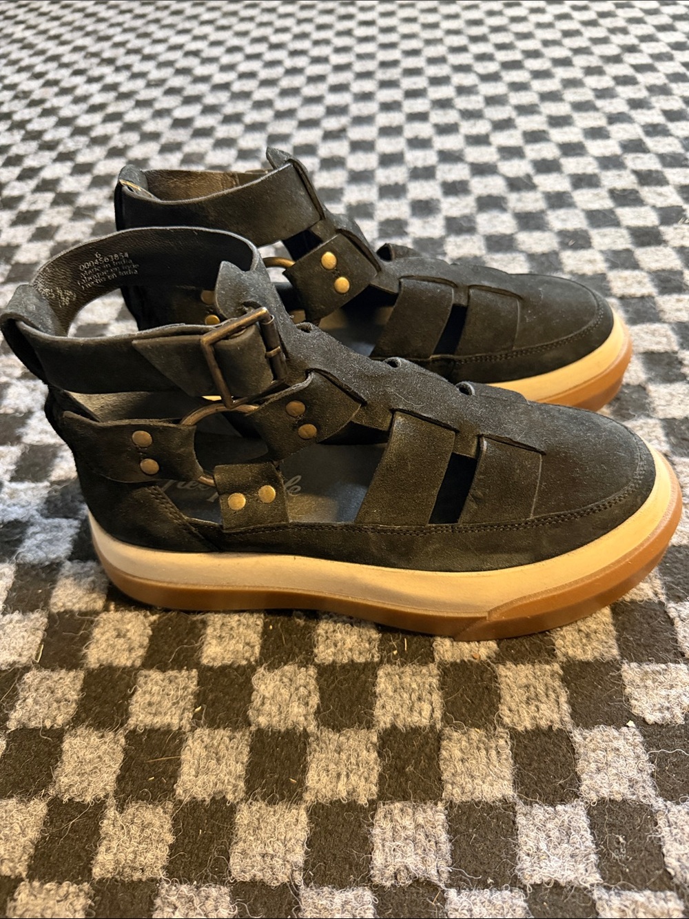 Free People Black Suede Cutout Sandals with Tan Sole